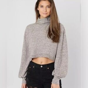 Free People Burgundy & White Knit Thermal Cropped Top Mock Turtleneck SM $65